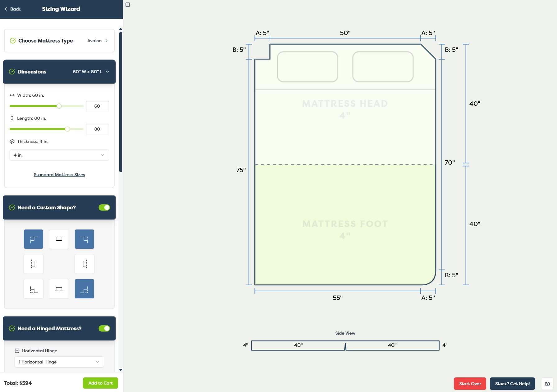 Custom mattress sizing and shape configurator